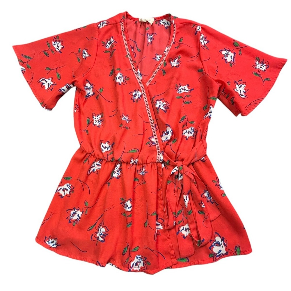 Sienna Sky Blouse Womens Size XS Red with Multicolor Floral S/S Sheer Top